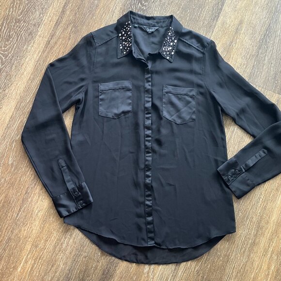 Guess Semi Sheer With Sparkly Jeweled Decor Size S Hidden Button-Down - Picture 4 of 9